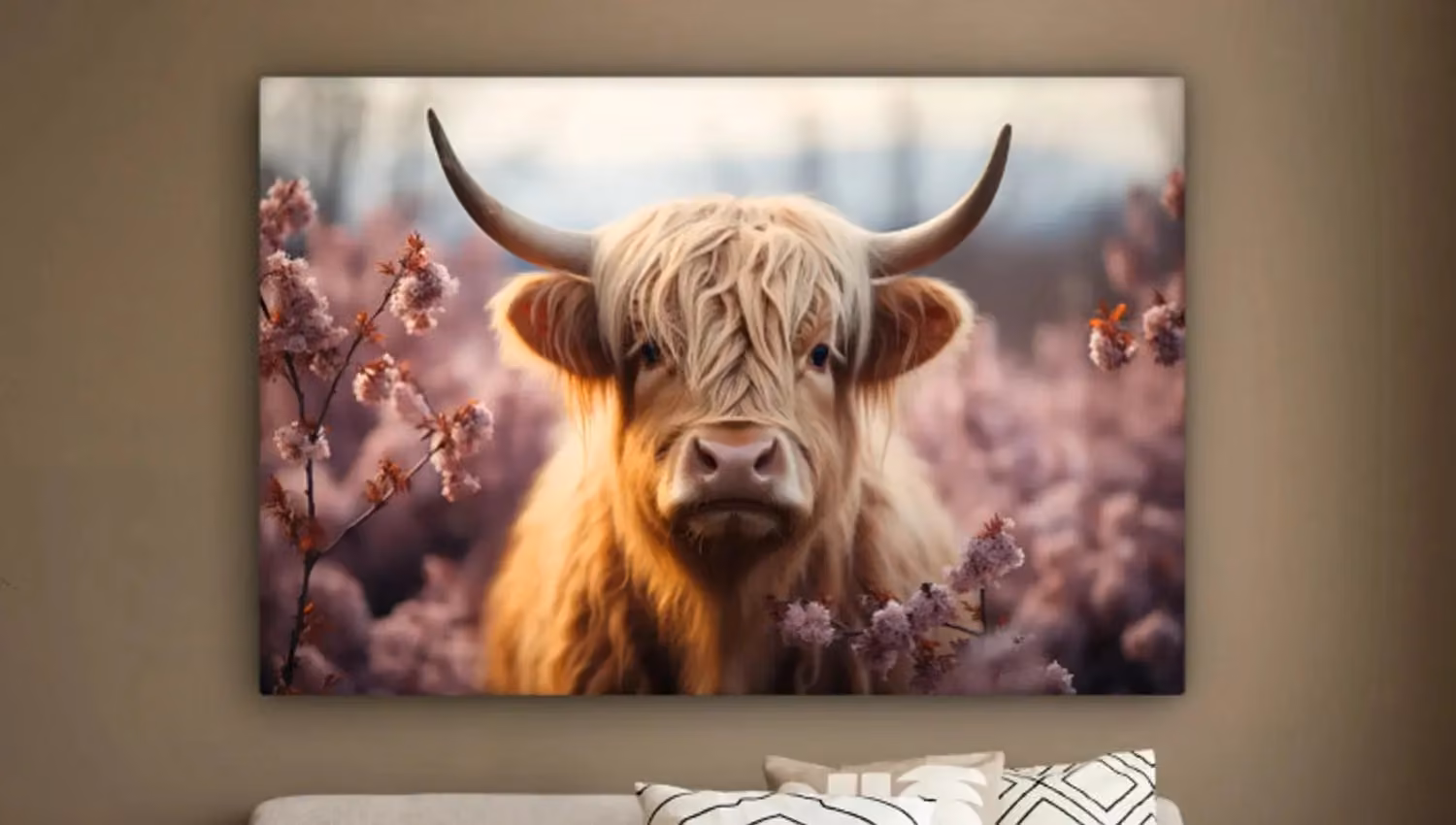 Canvas schilderij met een schotse hooglander tussen roze bloemen.