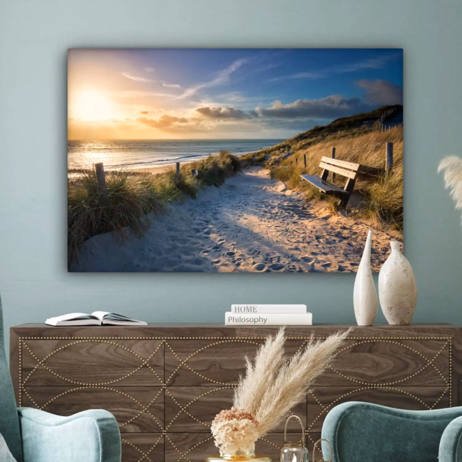 Canvas schilderij met een uitzicht op de duinen en de zee