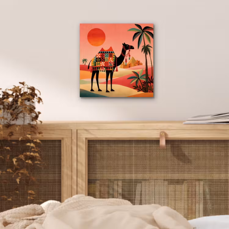 Aluminium schilderij - Kameel - Gekleurd tapijt - Duinen - Rode zon — 4