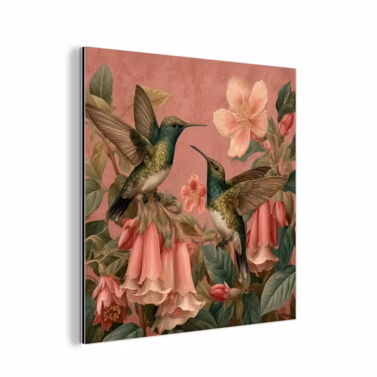 Aluminium schilderij - Kolibries - Bloemen - Groen - Roze — 1