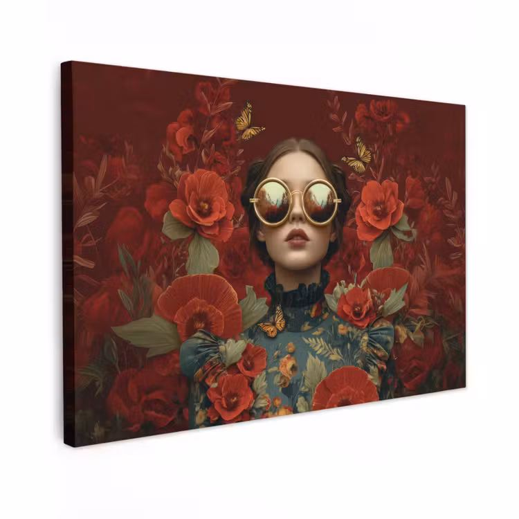 Canvas schilderij - Bloemen - Dieprood - Zonnebril - Vrouw — 1