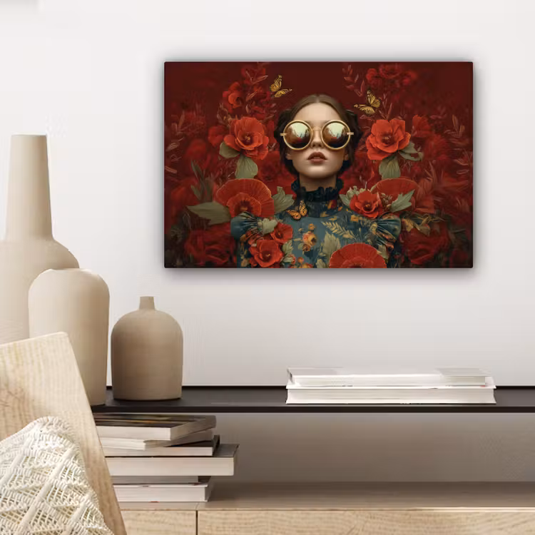 Canvas schilderij - Bloemen - Dieprood - Zonnebril - Vrouw — 5