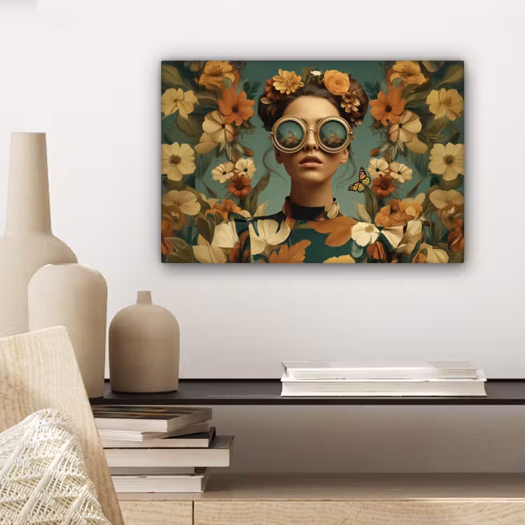 Canvas schilderij - Bloemenkrans - Vrouwengezicht - Zonnebril - Oranje — 5