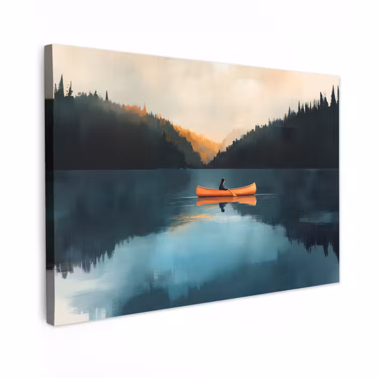 Canvas schilderij - Bossen - Meer - Kano - Oranje — 1