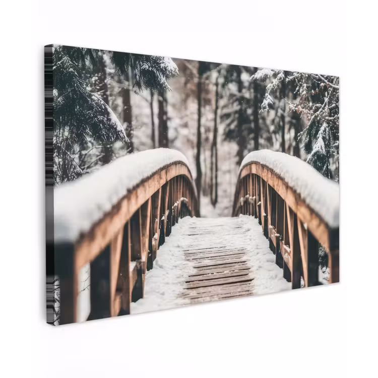 Canvas schilderij - Brug - Winterlandschap - Bos - Natuur - Sneeuw — 1