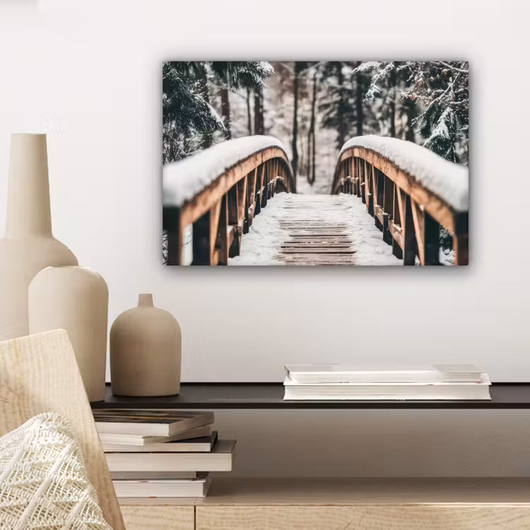 Canvas schilderij - Brug - Winterlandschap - Bos - Natuur - Sneeuw — 5