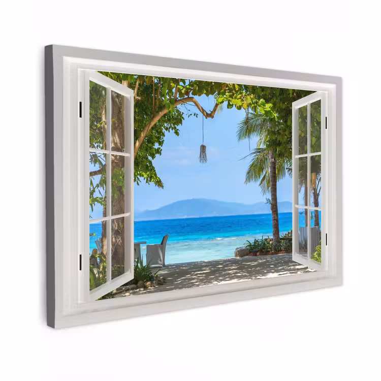 Canvas schilderij - Doorkijk - Boom - Zee - Palmboom - Heuvels - Strand - Blauw — 1