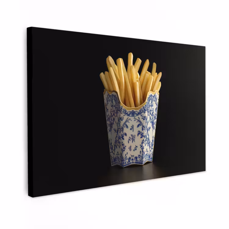 Canvas schilderij - Friet - Porselein - Delfts blauw - Eten — 1