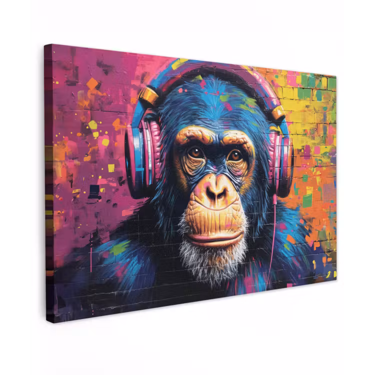 Canvas schilderij - Graffiti - Chimpanzee - Street art - Koptelefoon - Aap — 1