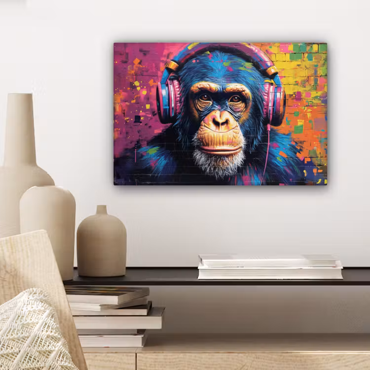 Canvas schilderij - Graffiti - Chimpanzee - Street art - Koptelefoon - Aap — 5