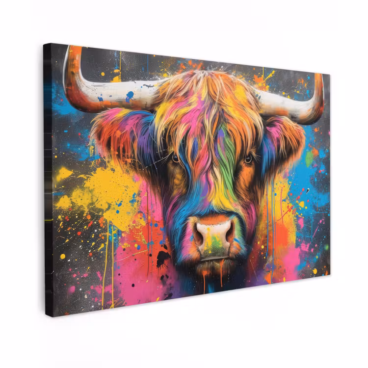 Canvas schilderij - Graffiti - Schotse hooglander - Koe - Kleurrijk — 1