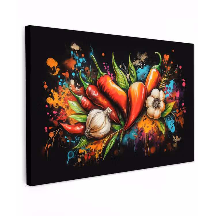 Canvas schilderij - Groente - Peper - Knoflook - Graffiti - Verf - Kleurrijk — 1