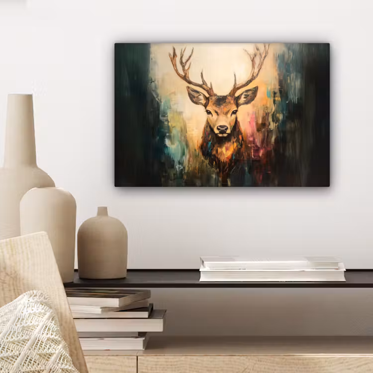 Canvas schilderij - Hert - Geverfd - Gewei - Bruin — 5