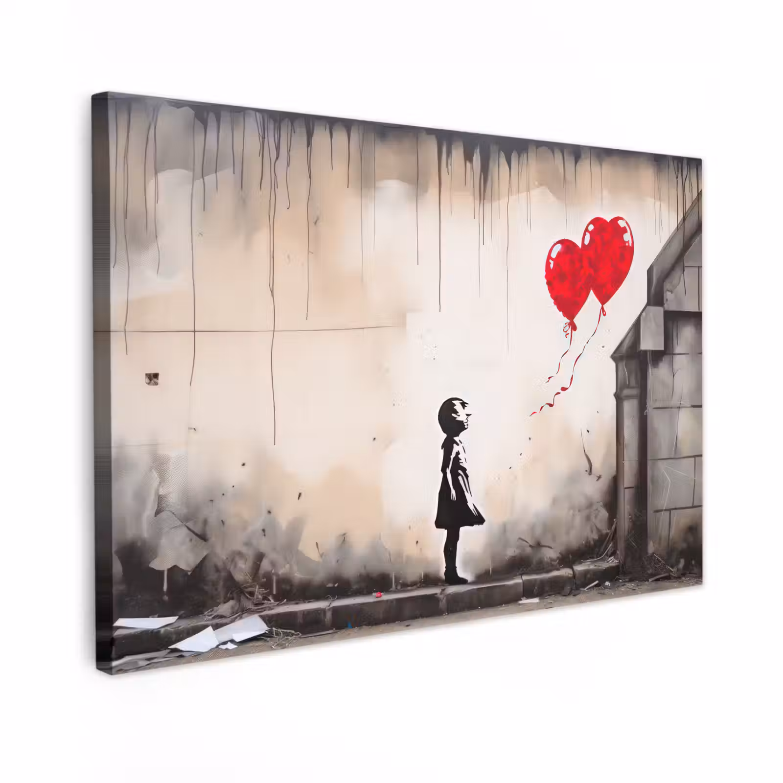 Canvas schilderij - Kunst - Meisje - Ballonnen - Hart - Grijs — 1