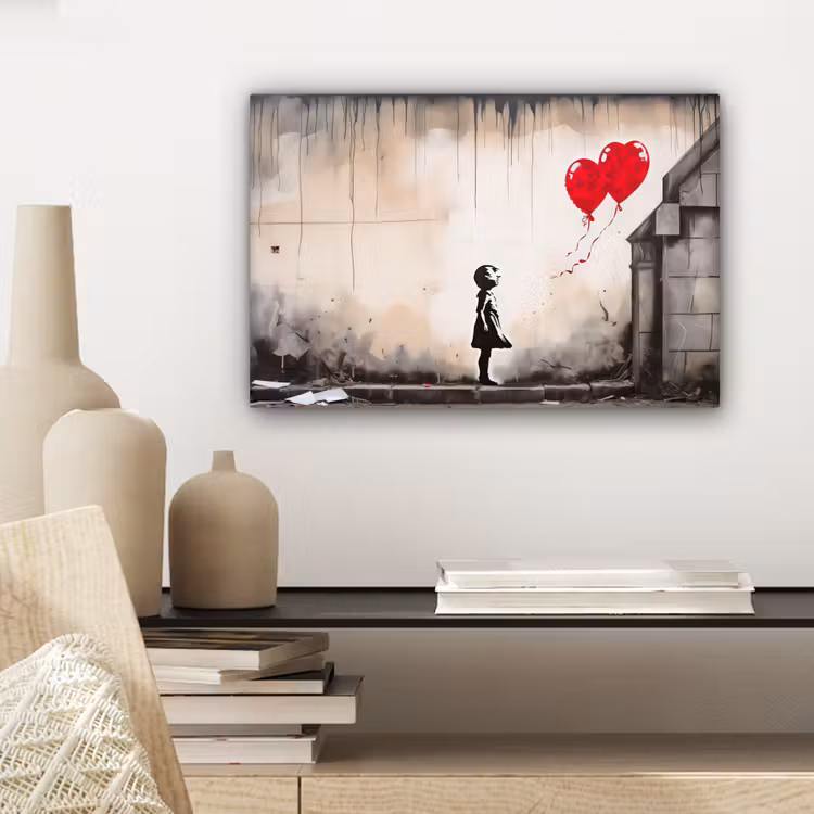 Canvas schilderij - Kunst - Meisje - Ballonnen - Hart - Grijs — 5