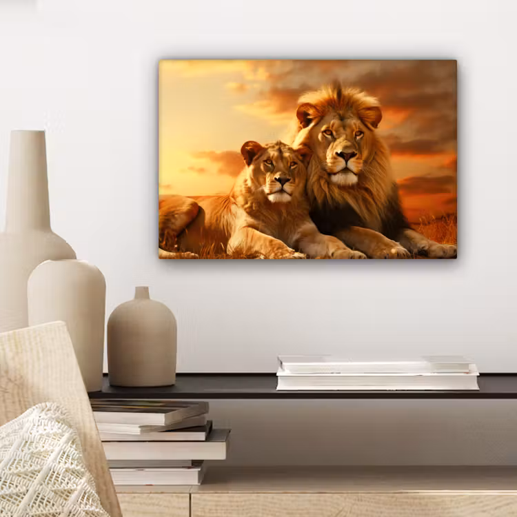 Canvas schilderij - Leeuwen - Zonsondergang - Afrika - Savanne - Dieren — 5