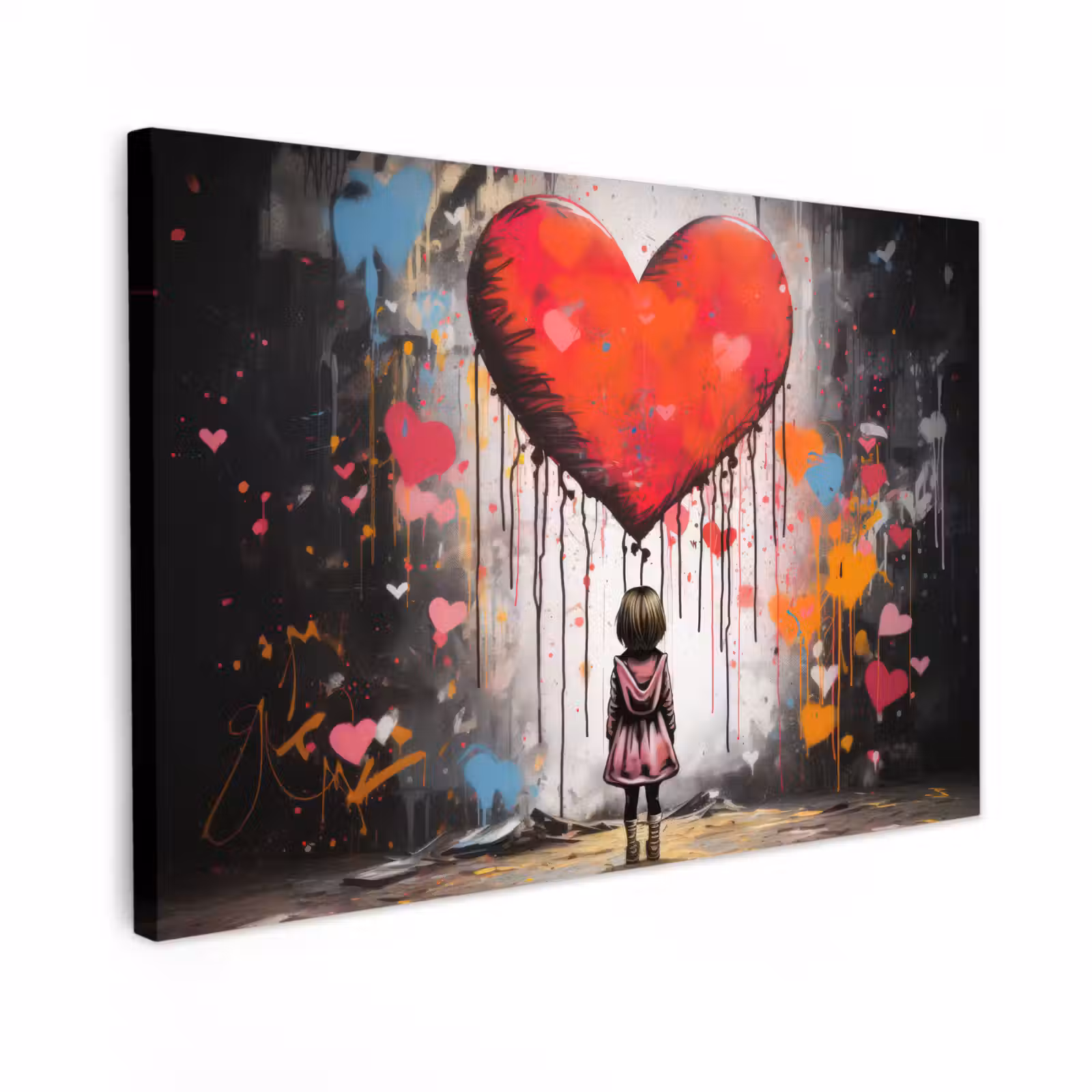 Canvas schilderij - Meisje - Hart - Graffiti - Kunst - Kleuren - Rood — 1