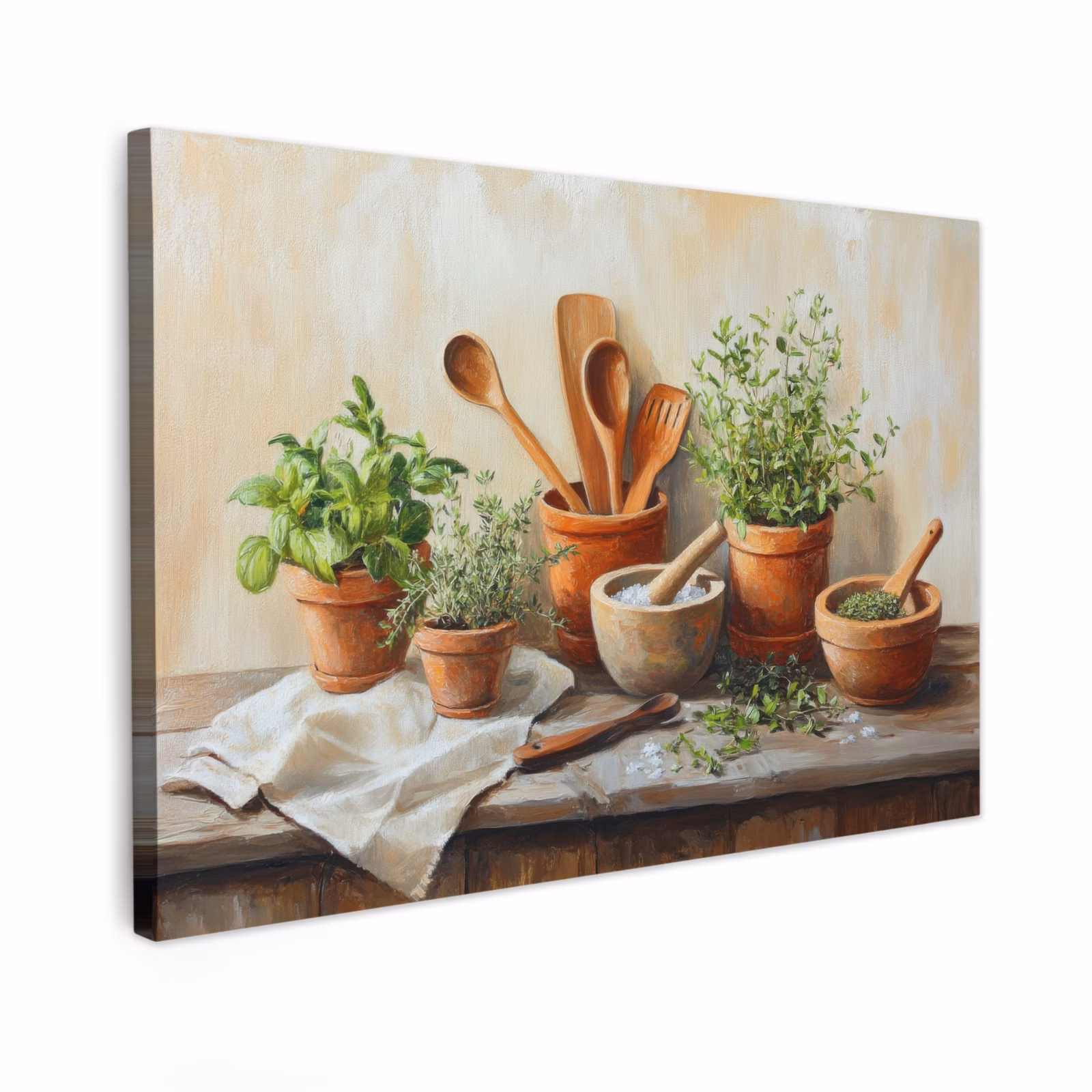 Canvas schilderij - Potten - Kruiden - Hout — 1