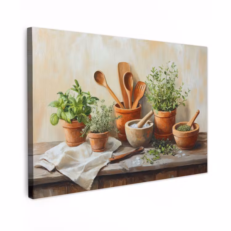 Canvas schilderij - Potten - Kruiden - Hout — 1