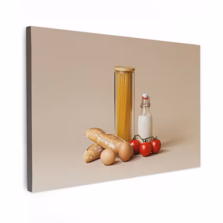 Canvas schilderij - Spaghetti - Melk - Tomaten - Eieren - Brood — 1