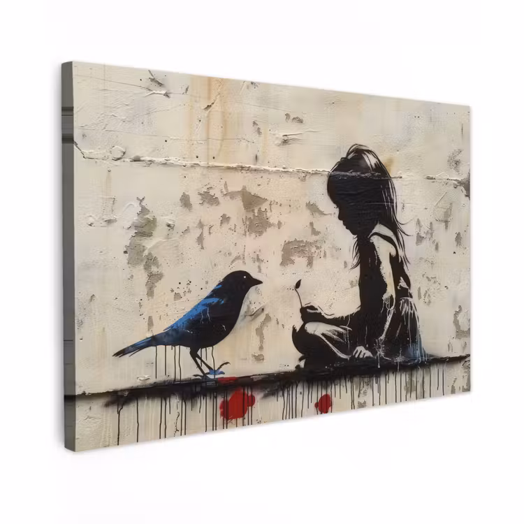 Canvas schilderij - Street art - Meisje - Vogel - Graffiti - Banksy — 1