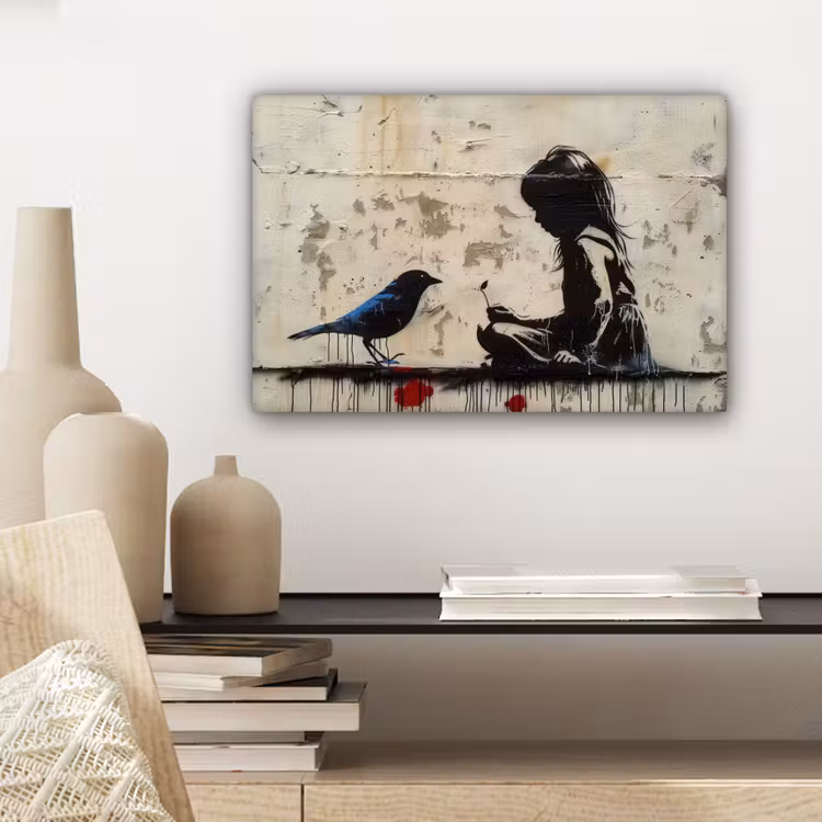 Canvas schilderij - Street art - Meisje - Vogel - Graffiti - Banksy — 5