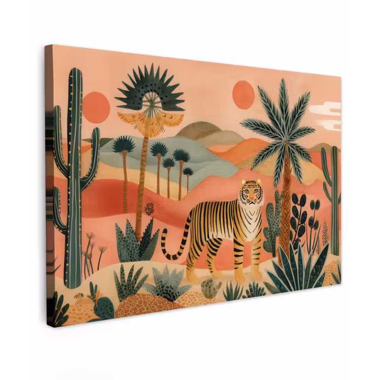 Canvas schilderij - Tijger - Kleurrijk - Palmen - Cactus — 1