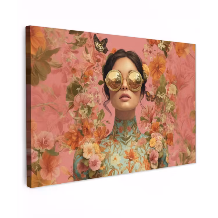 Canvas schilderij - Vrouw - Bril - Roze - Bloemen — 1
