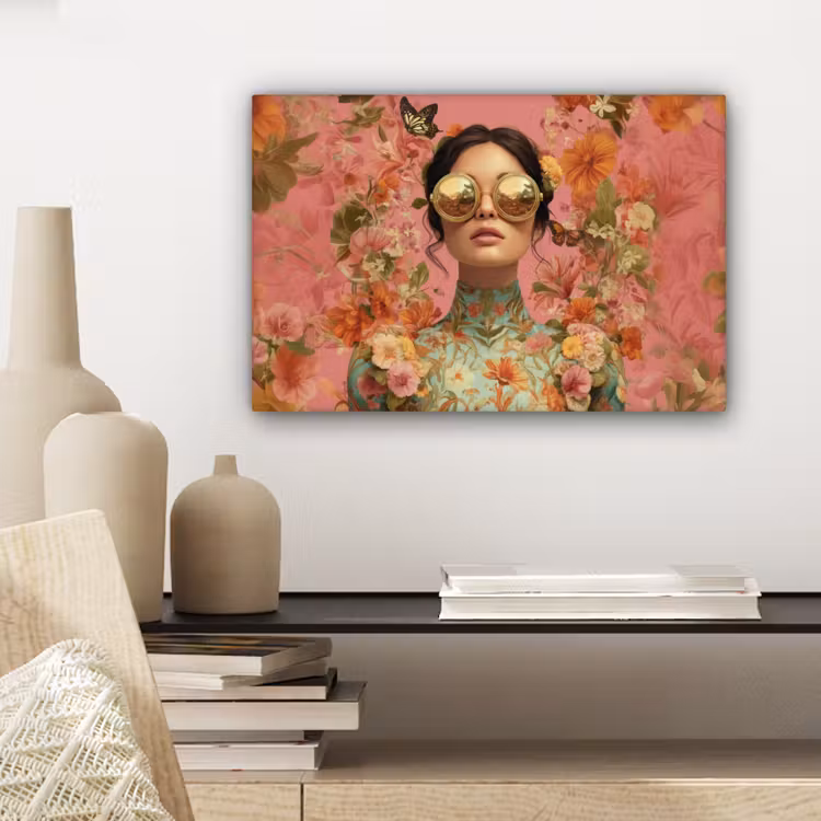 Canvas schilderij - Vrouw - Bril - Roze - Bloemen — 5