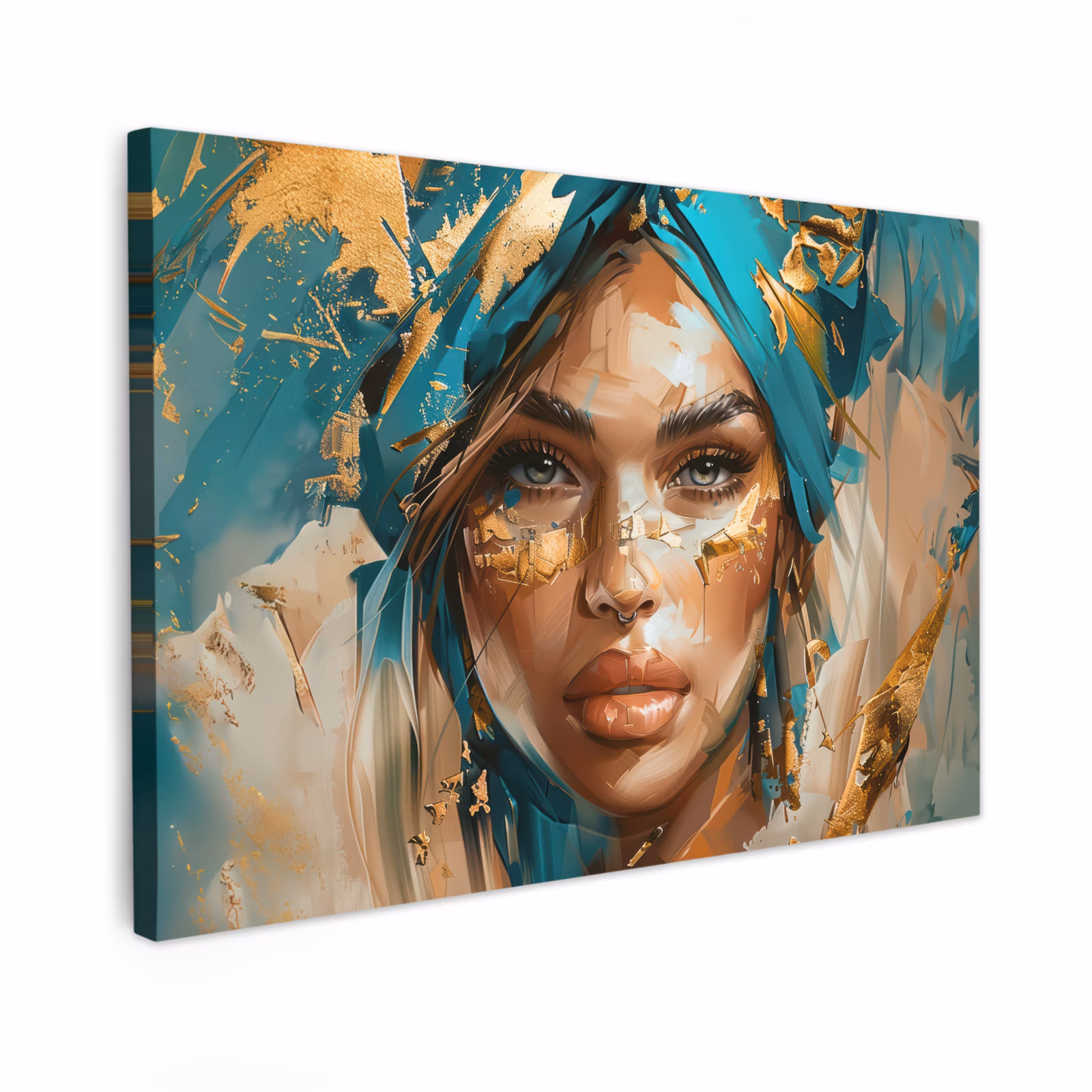 Canvas schilderij - Vrouw - Portret - Goud - Luxe - Blauw — 1