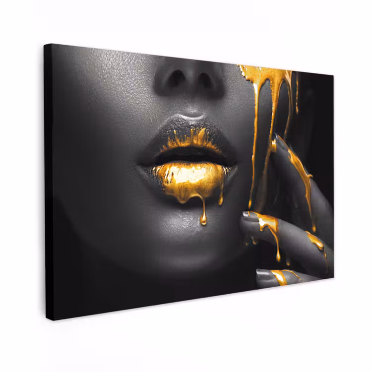 Canvas schilderij - Vrouw - Zwart - Goud - Gezicht - Lippen — 1