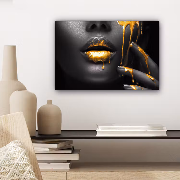 Canvas schilderij - Vrouw - Zwart - Goud - Gezicht - Lippen — 5