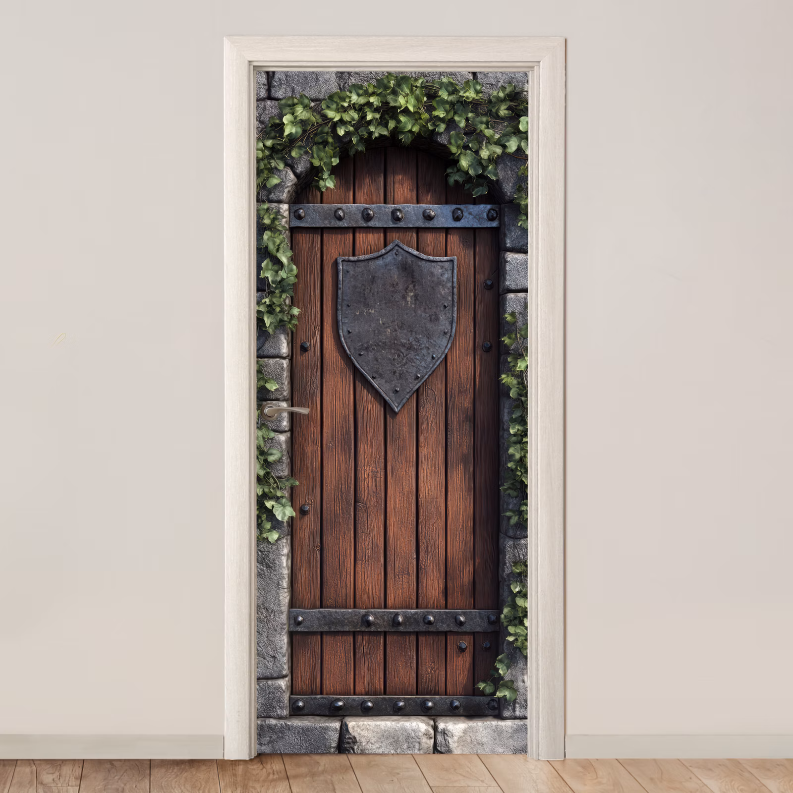 Deursticker - Kasteeldeur - Bruin - Stenen - Hout - Klimop — 1