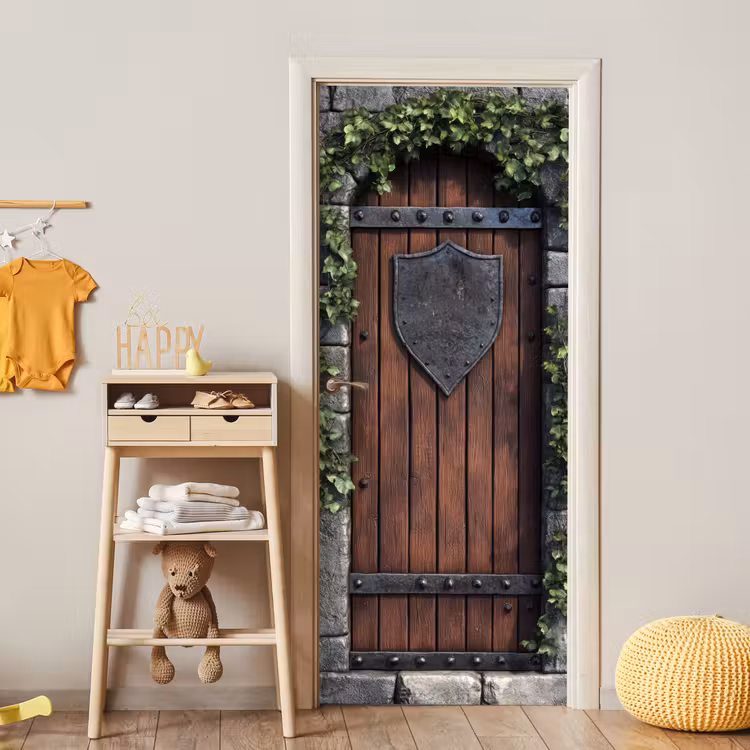 Deursticker - Kasteeldeur - Bruin - Stenen - Hout - Klimop — 6