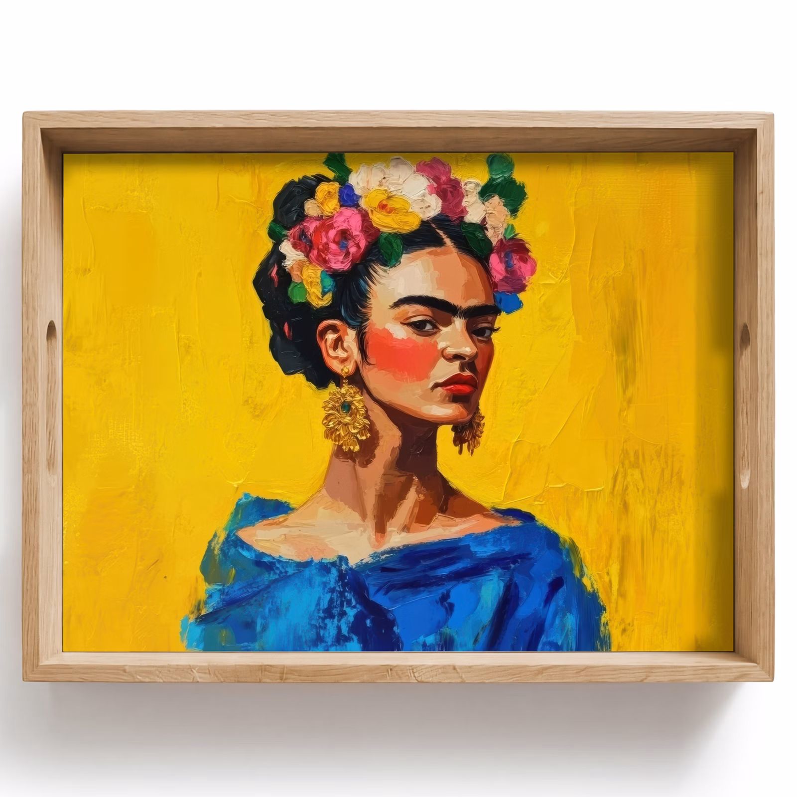 Dienblad - Frida Kahlo - Vrouw - Geel - Blauw - Bloemen — 1