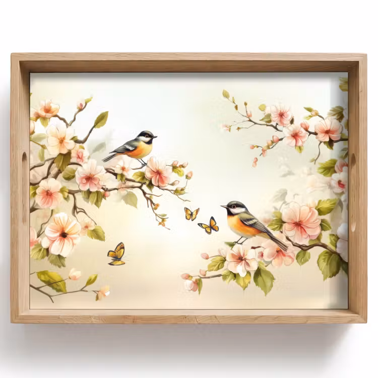 Dienblad - Takken - Bloemen - Vogeltjes - Roze — 1