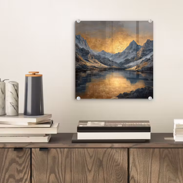 Glas schilderij - Berglandschap met Gouden Zonsondergang — 2