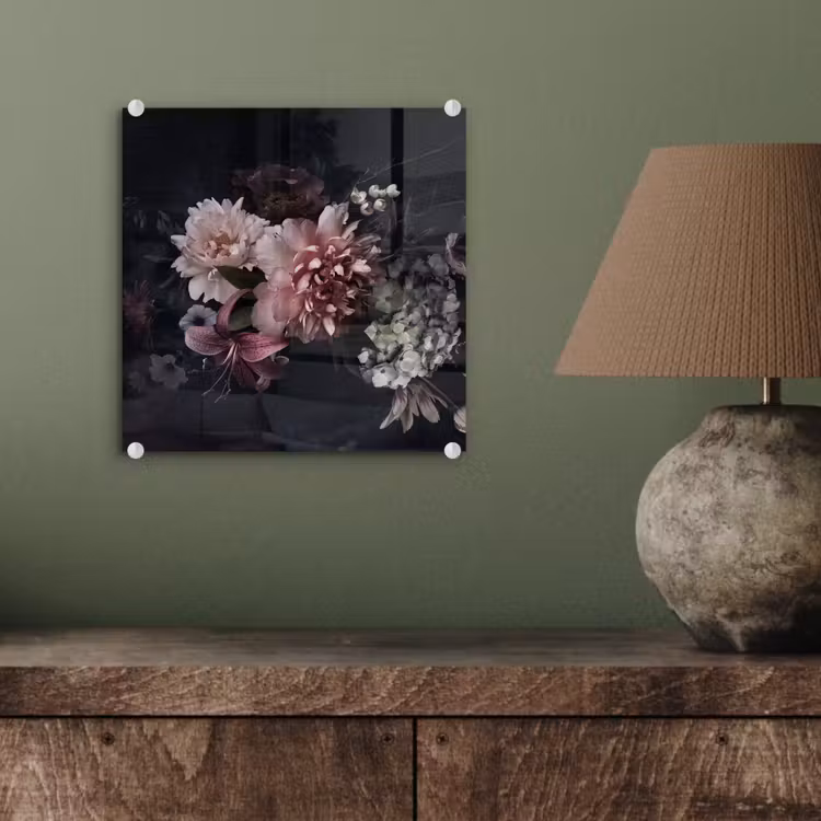 Glas schilderij - Bloemen - Vintage - Pastel - Zwart - Boeket — 4