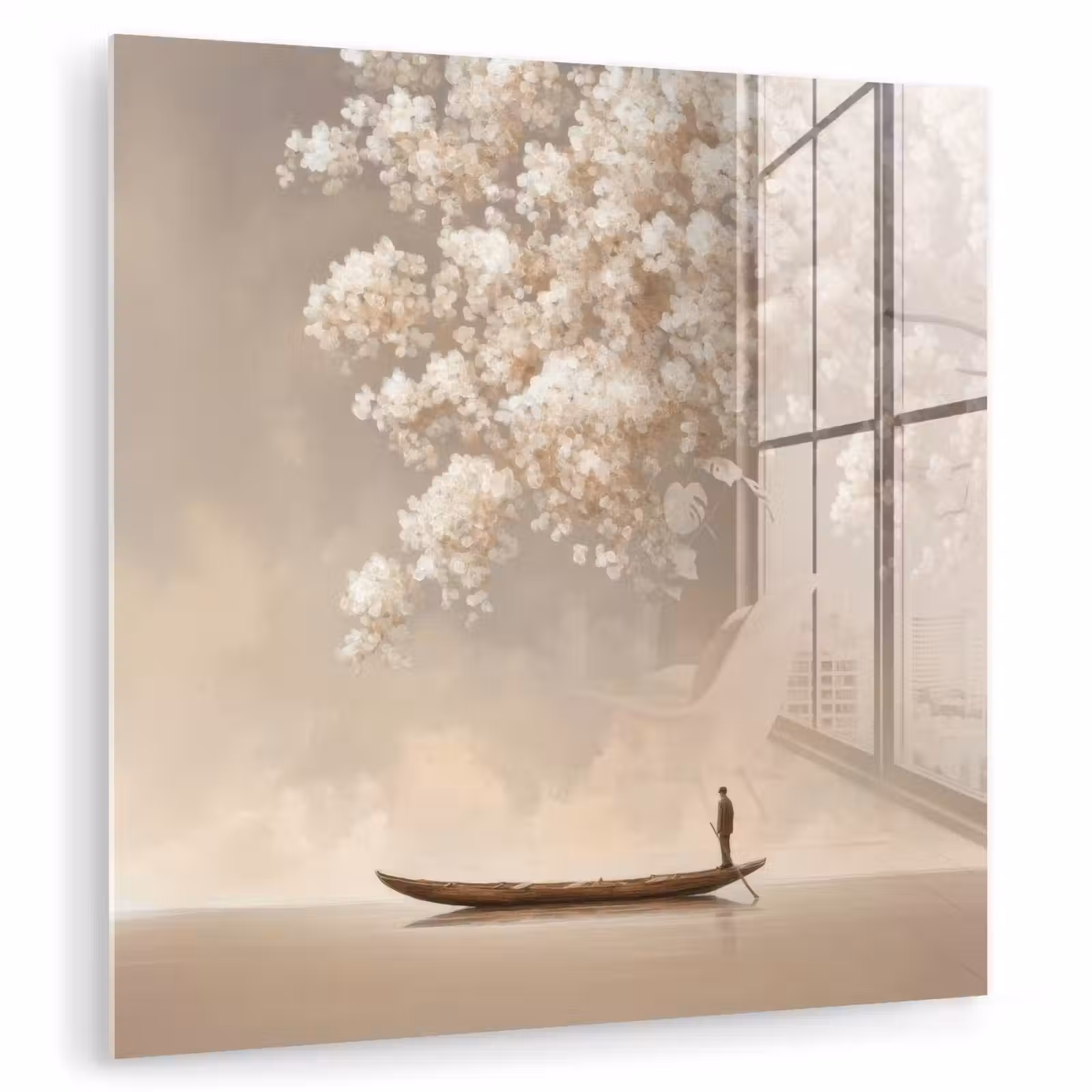 Glas schilderij - Bloesems - Wit - Boot - Minimalistisch — 1
