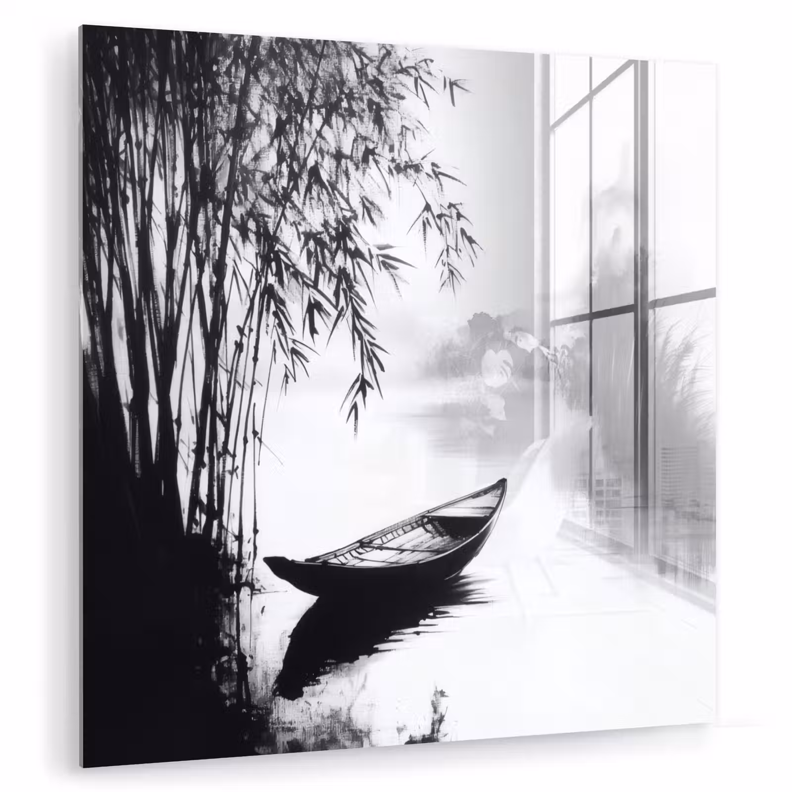 Glas schilderij - Boot - Rivier - Bamboe - Wit — 1