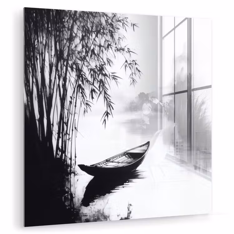 Glas schilderij - Boot - Rivier - Bamboe - Wit — 1
