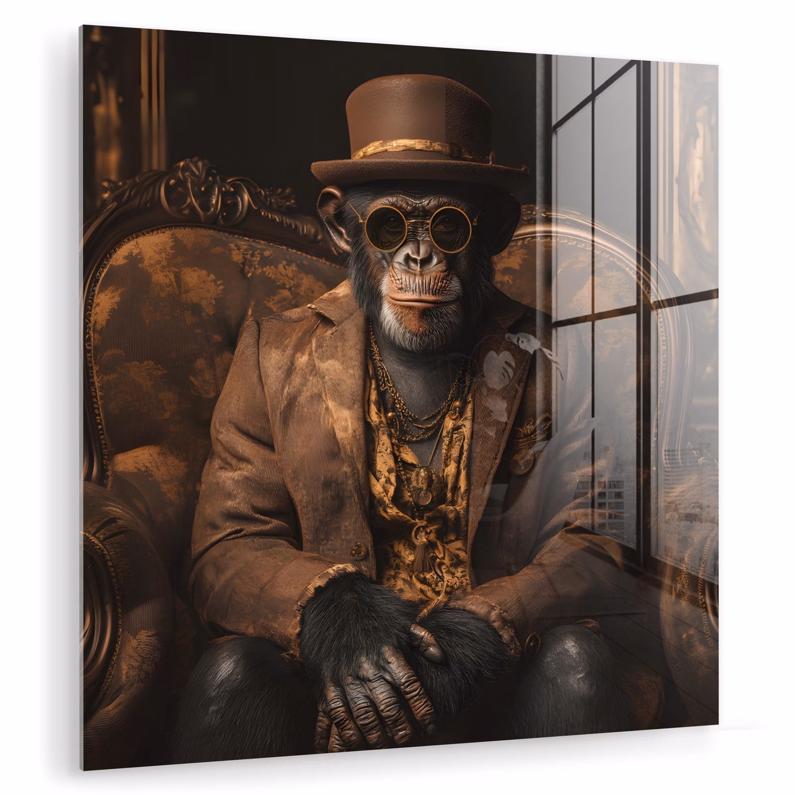 Glas schilderij - Chimpansee - Stoel - Pak - Bruin — 1