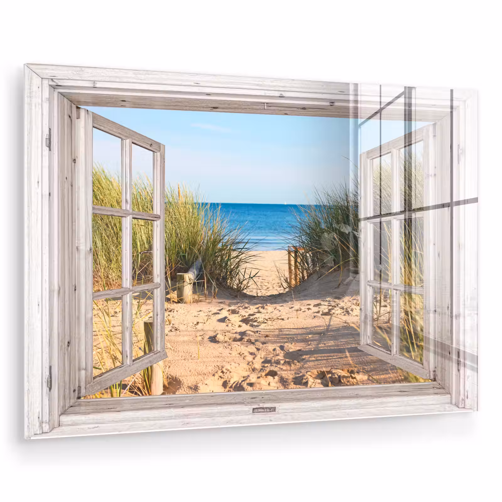 Glas schilderij - Doorkijk - Strand - Zee - Duinen - Zand - Water - Helmgras — 1