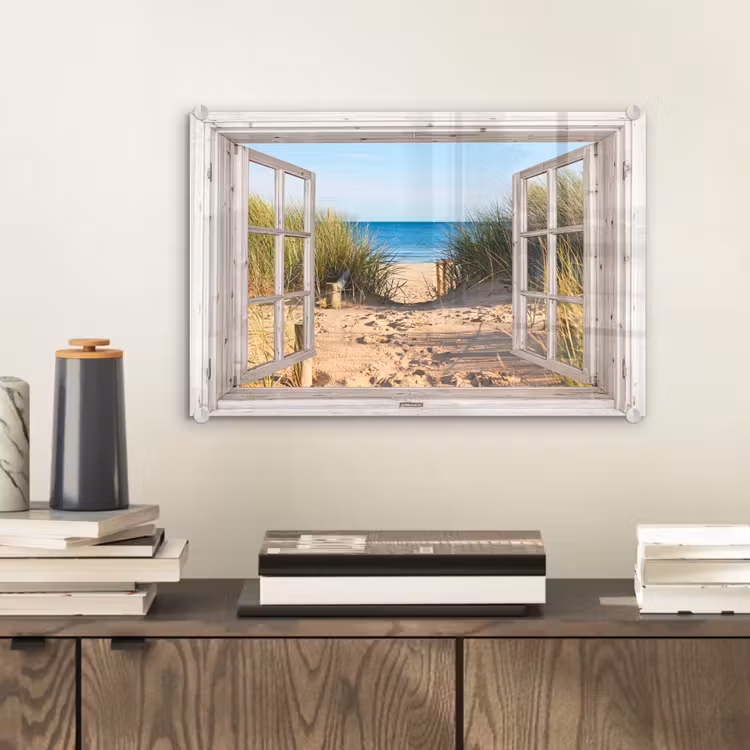 Glas schilderij - Doorkijk - Strand - Zee - Duinen - Zand - Water - Helmgras — 2