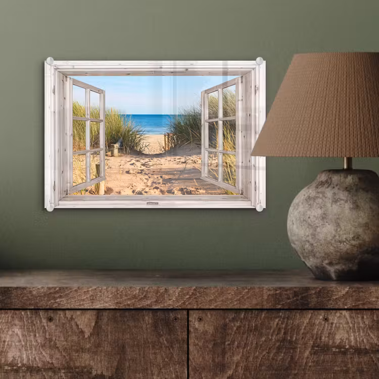 Glas schilderij - Doorkijk - Strand - Zee - Duinen - Zand - Water - Helmgras — 4