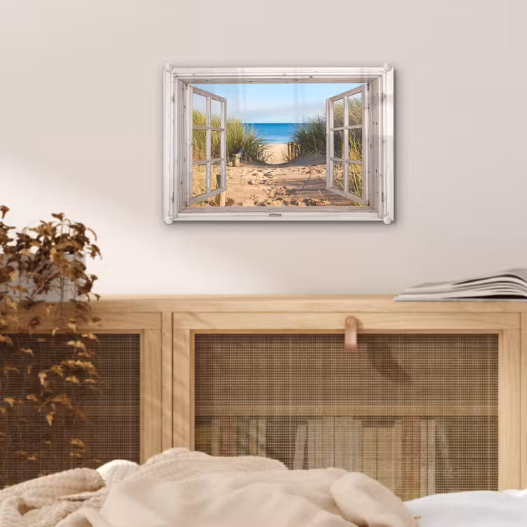 Glas schilderij - Doorkijk - Strand - Zee - Duinen - Zand - Water - Helmgras — 5