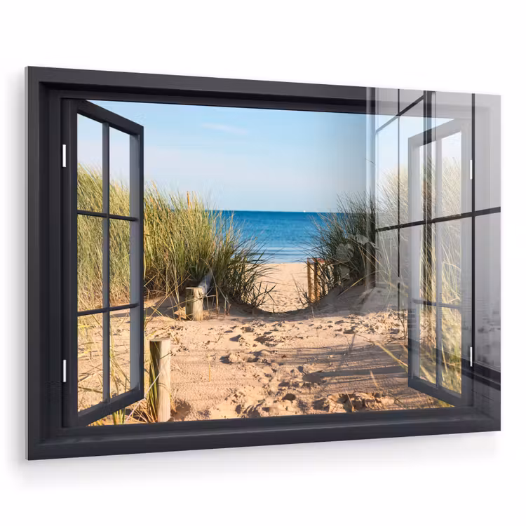 Glas schilderij - Doorkijk - Strand - Zee - Zand - Water - Helmgras - Duinen — 1