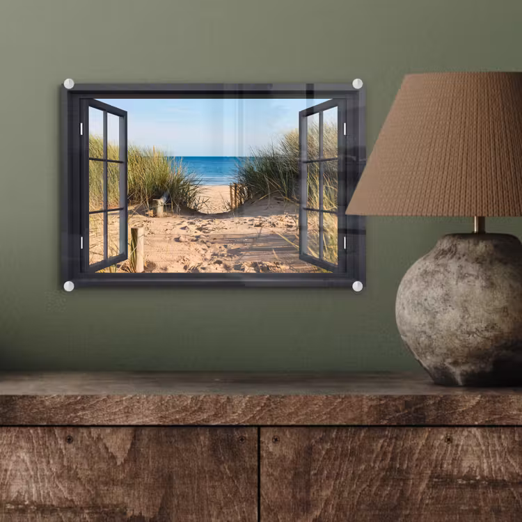 Glas schilderij - Doorkijk - Strand - Zee - Zand - Water - Helmgras - Duinen — 4