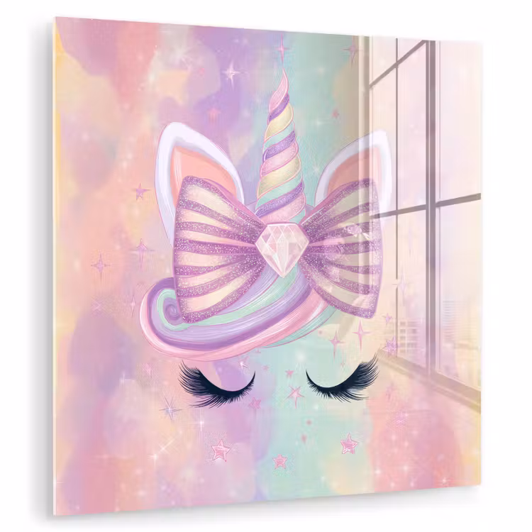 Glas schilderij - Eenhoorn - Glitters - Regenboog - Pastel — 1