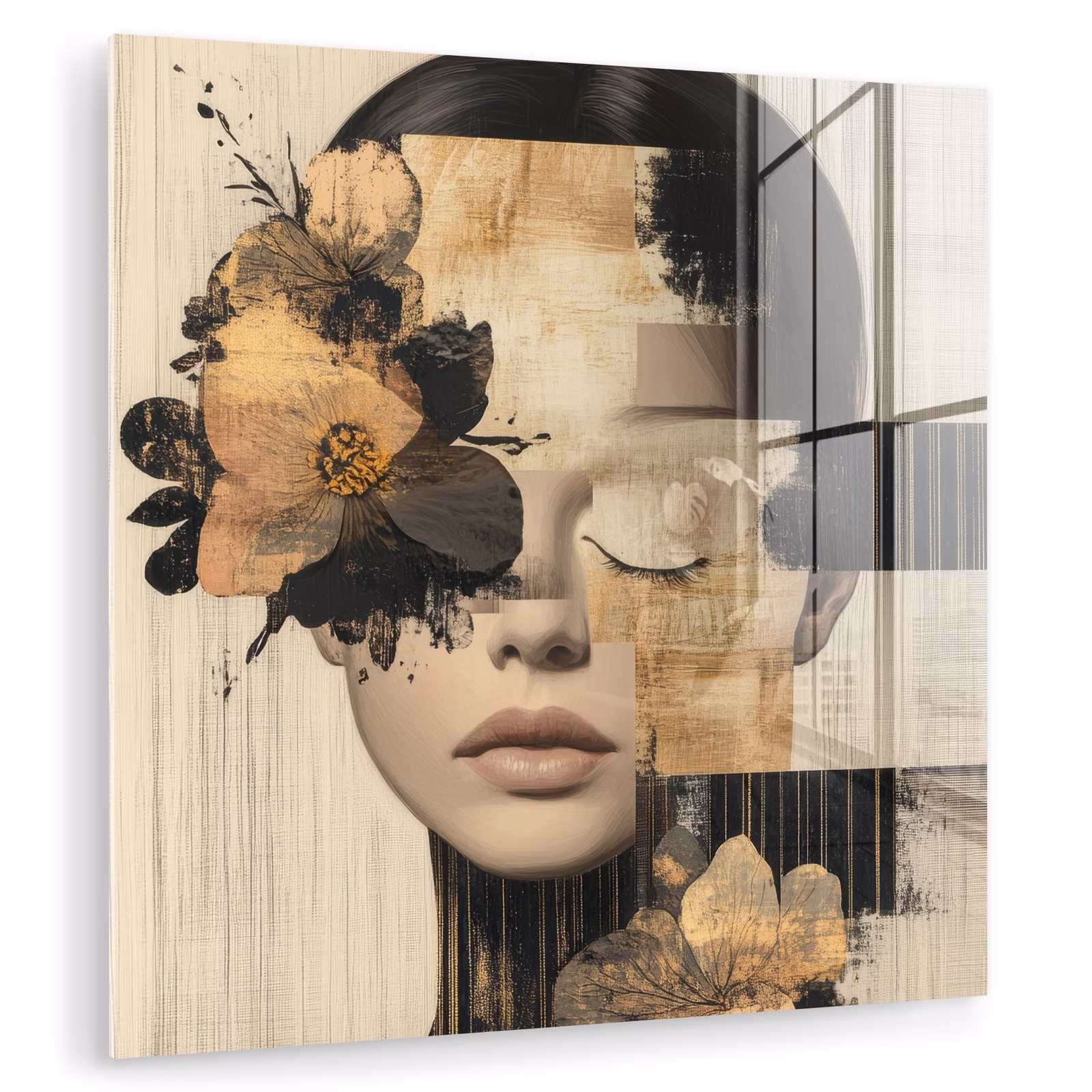 Glas schilderij - Gezicht - Bloemen - Zwart - Vrouw — 1